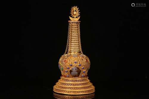 A Chinese Gilt Silver Pagoda Embeded Hetian Jade