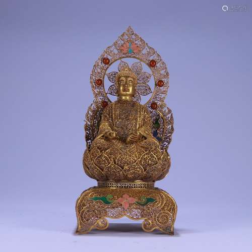 A Chinese Gilt Silver Buddha Ornament Embeded Gems