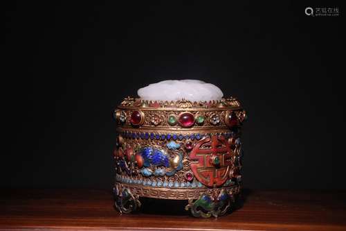 A Chinese Gilt Silver Enameling Blue Box Embeded Gems&Hetian Jade