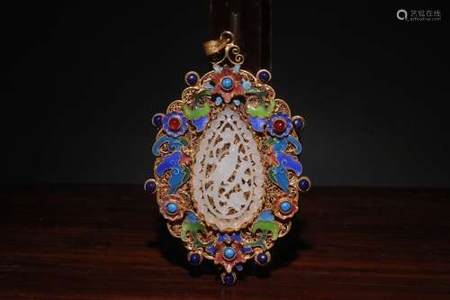 A Chinese Gilt Silver Enameling Blue Pendant Embeded Hetian Jade