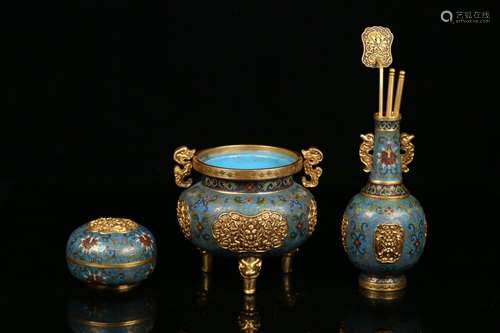 Set Of Chinese Cloisonne Ornaments Of Vase&Censer&Box