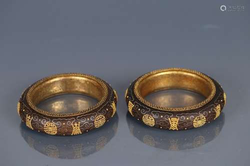 Pair Of Chinese Agarwood Bangles Embeded Gilt Silver