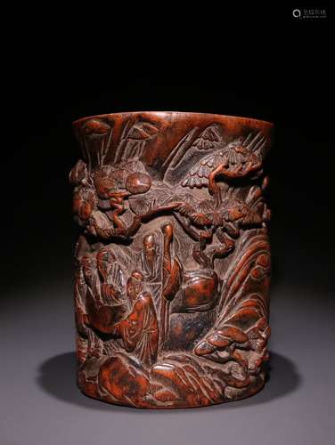 A Chinese Agarwood Figure-Story Brush Pot