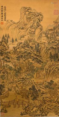 A Chinese Landscape Painting Silk Scroll, Xie Shichen Mark