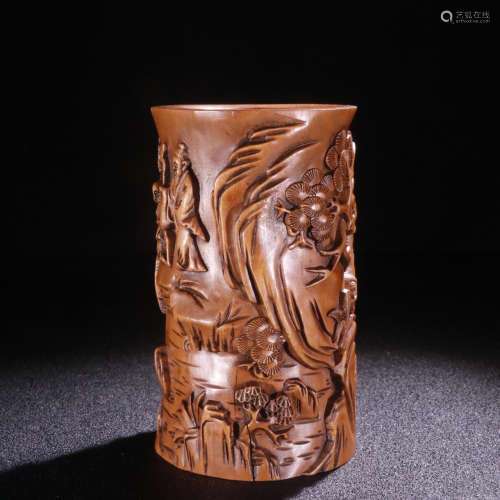 A Chinese Boxwood Carved Brush Pot