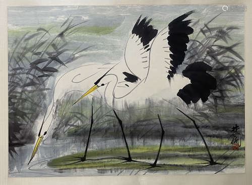A Chinese Red-crowned Crane Painting, Lin Fengmian Mark