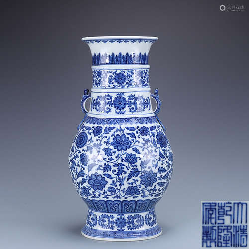 A Chinese Blue and White Twining Lotus Pattern Porcelain Double Ears Zun