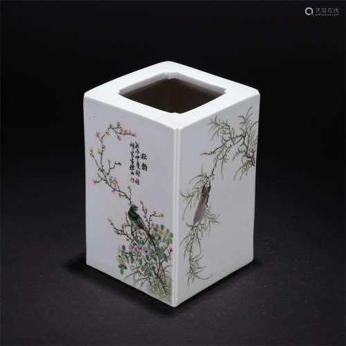 A Chinese Famille Rose Flower&Bird Pattern Porcelain Square Brsh Pot