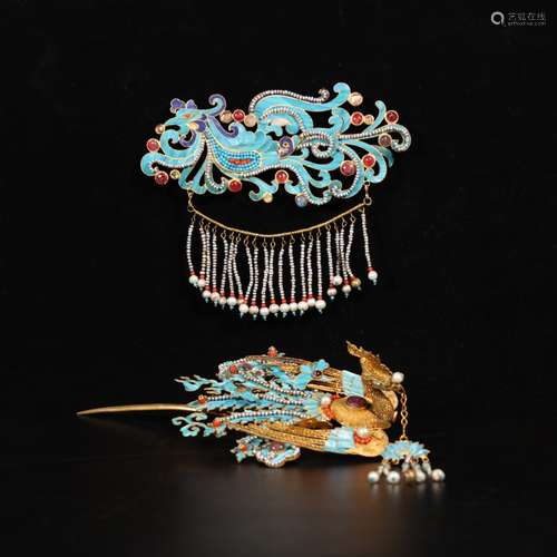 A Set of Chinese Gild Silver Kingfisher craft Hair Accessories