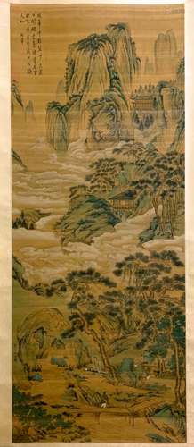 A Chinese Landscape Painting Silk Scroll, Qiu Ying Mark