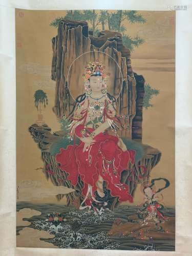 A Chinese Arya Avalokiteshvara Painting Silk Scroll, Ding Guanpeng Mark