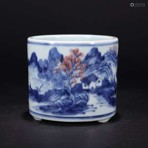 A Chinese Blue and White Underglazed Red Landscape Porcelain Three-legged Censer