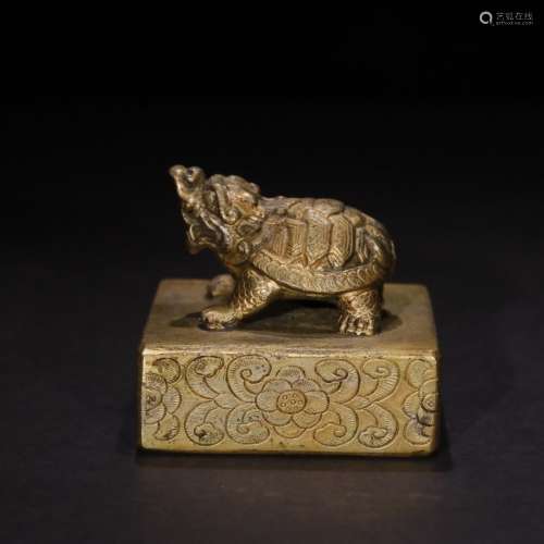 A Chinese Gild Bronze Dragon Turtle Handled Seal
