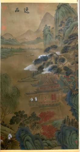 A Chinese Landscape Painting Silk Scroll, Qiu Ying Mark