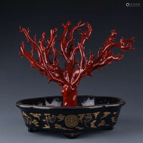 A Chinese Porcelain coral bonsai with Altar Blue Glazed Base