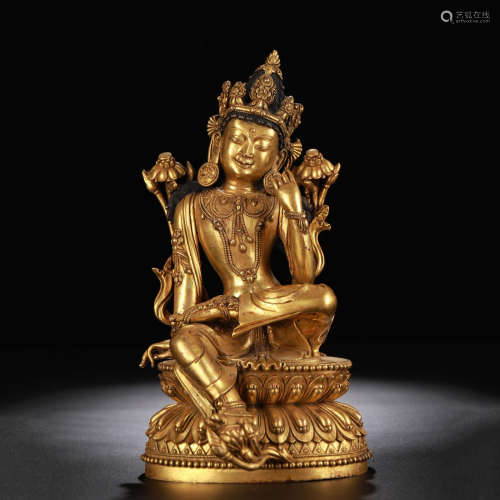 A Chinese Gild Bronze Statue of Lotus Guanyin