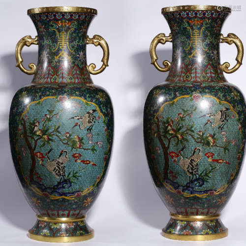 A Pair of Chinese Copper Cloisonne Enamel Double Ears Vase