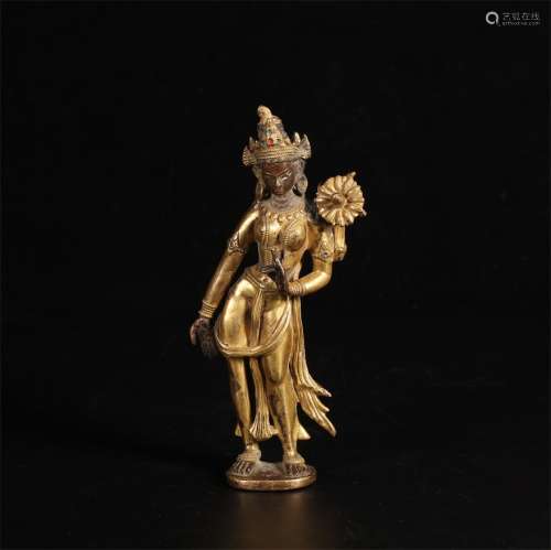 A Chinese Gild Bronze Statue of Lotus hand Guanyin