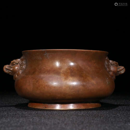 A Chinese Double Beast Ears Copper Incense Burner