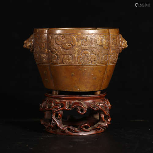 A Chinese Gild Bronze Double Ears Incense Burner with pedestal