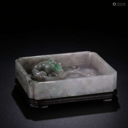 A Chinese Chi Dragon Pattern Jadeite Carved Square Brush Washer