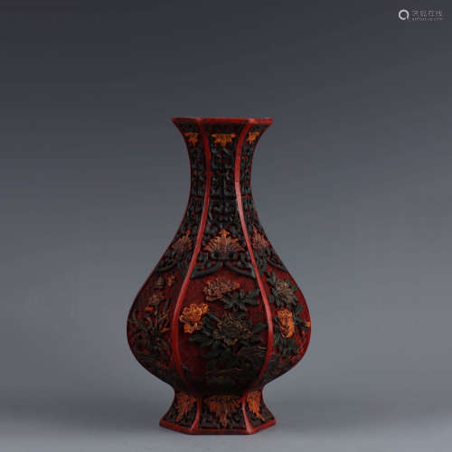A Chinese Gild Relief lacquerware Hexagon Vase