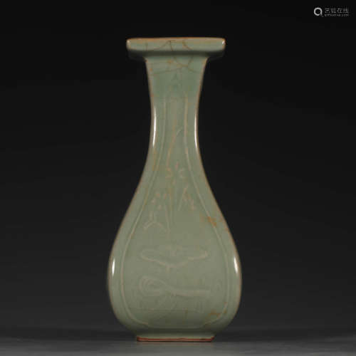 A Chinese Longquan Kiln Floral Carved Porcelain Square Vase
