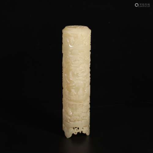 A Chinese Landscape Pattern Carved Hetian Jade Incense tube