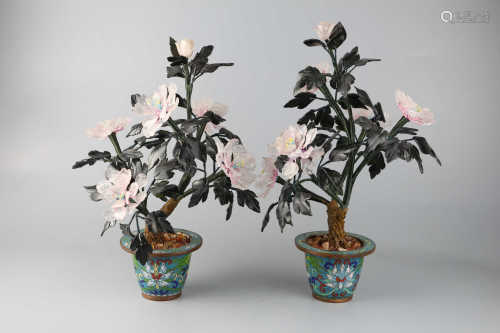Two pots of cloisonne flowers