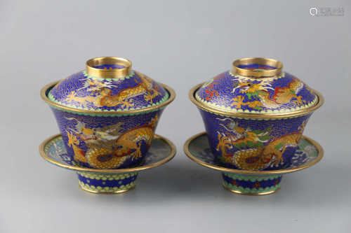 A pair of cloisonne bowls decorated with Double Dragons