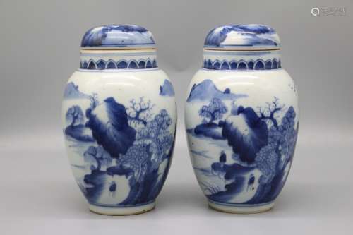Two lotus seed pots with blue and white landscape figures in Kangxi, Qing Dynasty