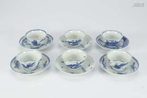Six sets of cups and plates with blue and white figure patterns in Kangxi of Qing Dynasty