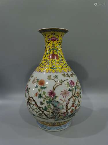 Yellow glaze famille rose flower vase