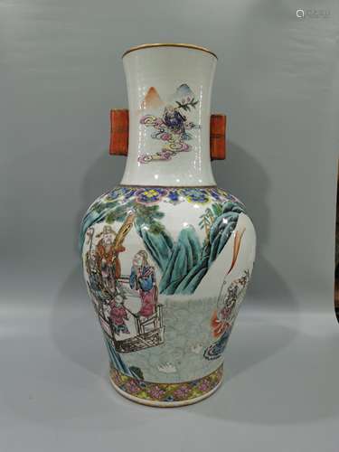 Double eared bottle with enamel figure pattern