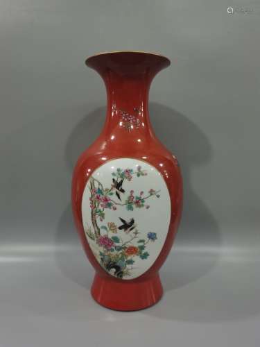 Coral red glaze flower and bird Guanyin vase
