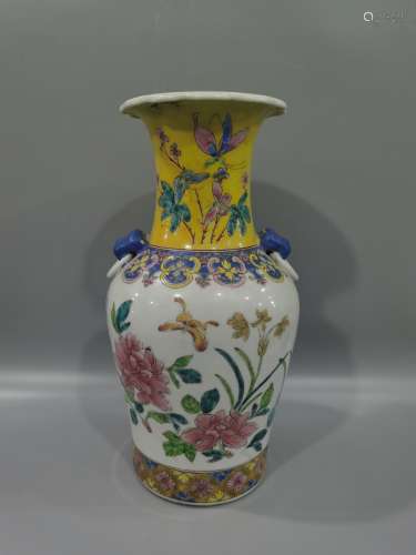 Yellow glaze pink flower bottle with two ears