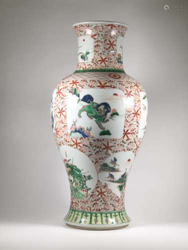 Qing Dynasty Kangxi blue and white colorful Guanyin bottle