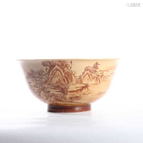 Beige glaze bowl decorated with landscape flowers