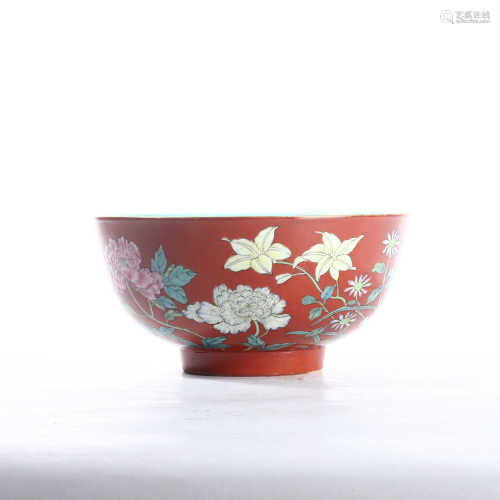 Red glaze and pink color flower pattern bowl