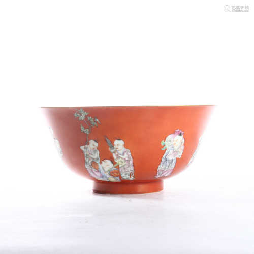 Red glaze powder color baby play pattern decoration bowl