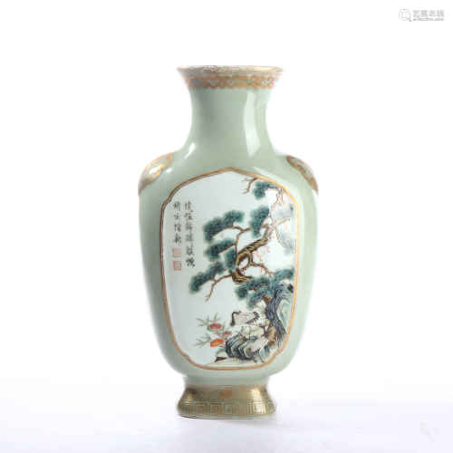 Bean green glaze famille rose vase with pine crane rim