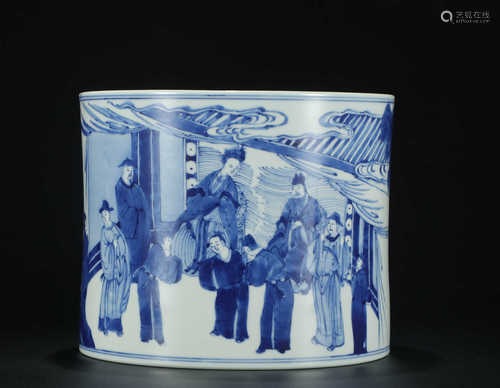 A BLUE AND WHITE PEN CONTAINER PAINTED WITH CHARACTERS