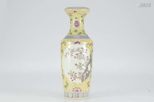 Yellow ground pink flower pattern pan mouth bottle