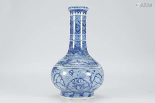 Qing Dynasty Kangxi blue and white long necked bottle with sea water pattern