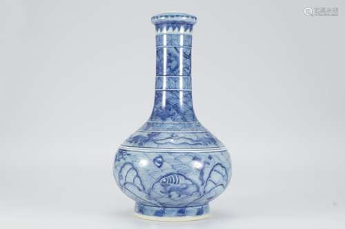 Qing Dynasty Kangxi blue and white long necked bottle with sea water pattern