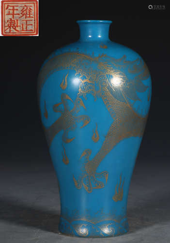 A SAPPHIRE BLUE GLAZE DRAGON PATTERN MEI VASE