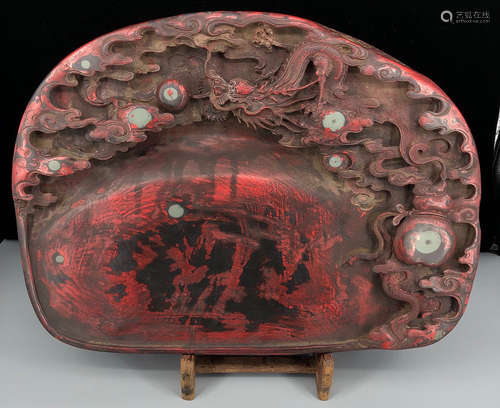 A CINNABAR DUAN STONE CARVED DARGON PATTERN INK SLAB