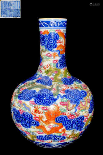 A BLUE&WHITE GLAZE WITH COLOR DRAGON PATTERN VASE