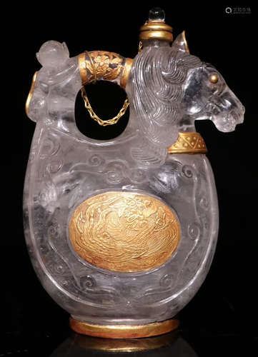 A CRYSTAL WITH GILT SILVER HORSE HEAD SHAPE POT