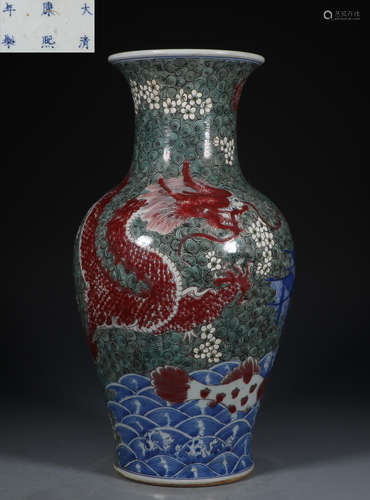 A BLUE&WHITE UNDERGLAZE RED DRAGON PATTERN VASE